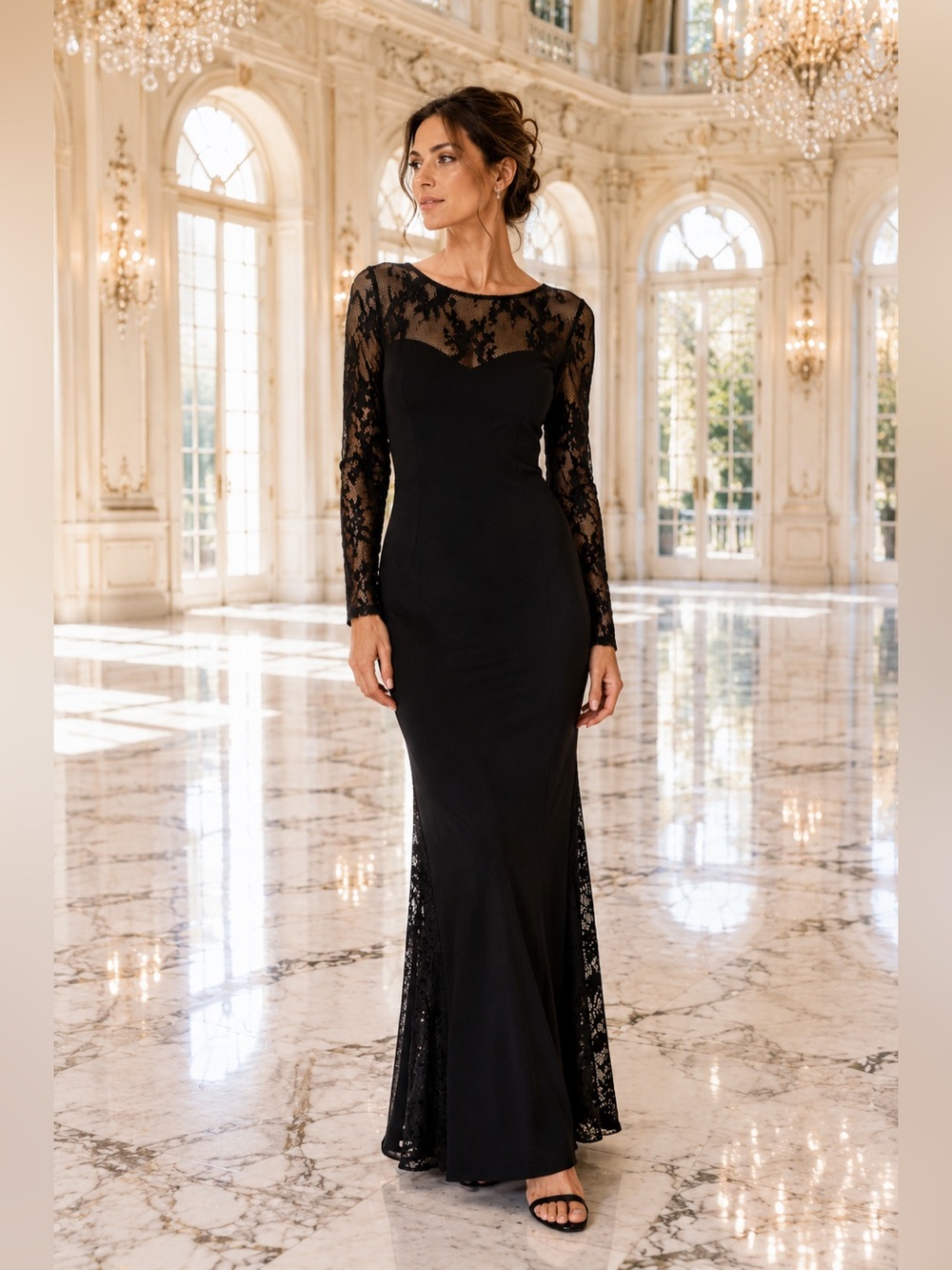 Leo & Ugo Black Lace Maxi Evening Dress French Designer Medium
